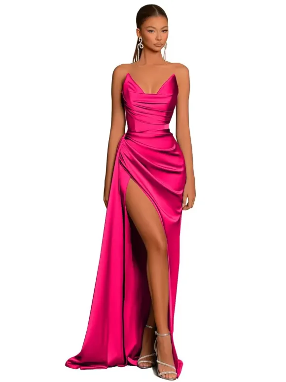 Evening Dress Mermaid V-Neck Satin Fabric With Train Formal Party Dresses