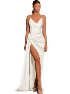 Evening Dress Mermaid V-Neck Satin Fabric With Train Formal Party Dresses