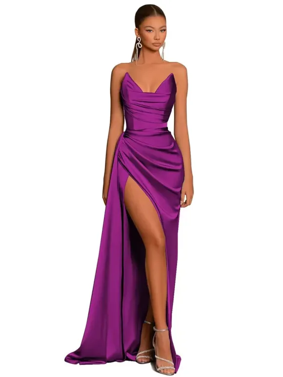 Evening Dress Mermaid V-Neck Satin Fabric With Train Formal Party Dresses