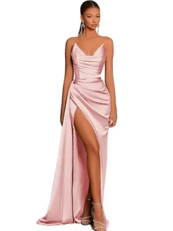 Evening Dress Mermaid V-Neck Satin Fabric With Train Formal Party Dresses