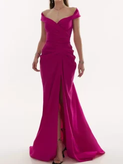 Evening Dress Mermaid V-Neck With Train Zipper Split Front Satin Fabric Social Party Dresses