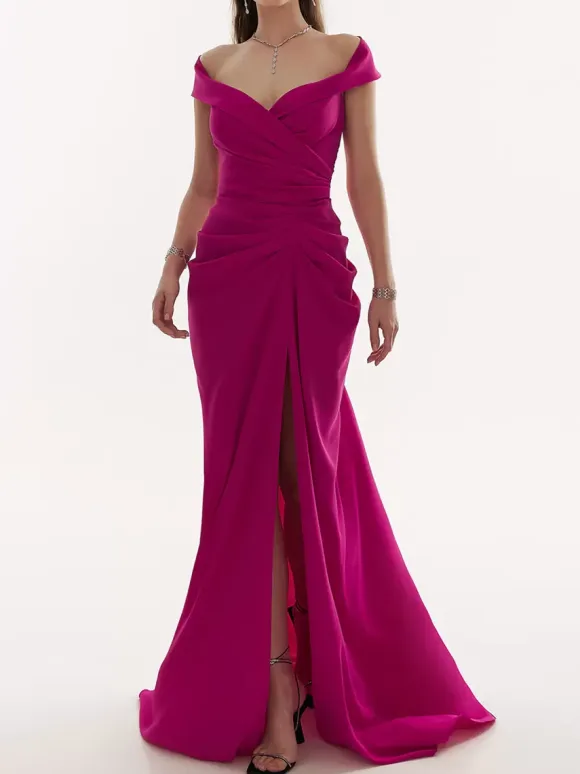 Evening Dress Mermaid V-Neck With Train Zipper Split Front Satin Fabric Social Party Dresses