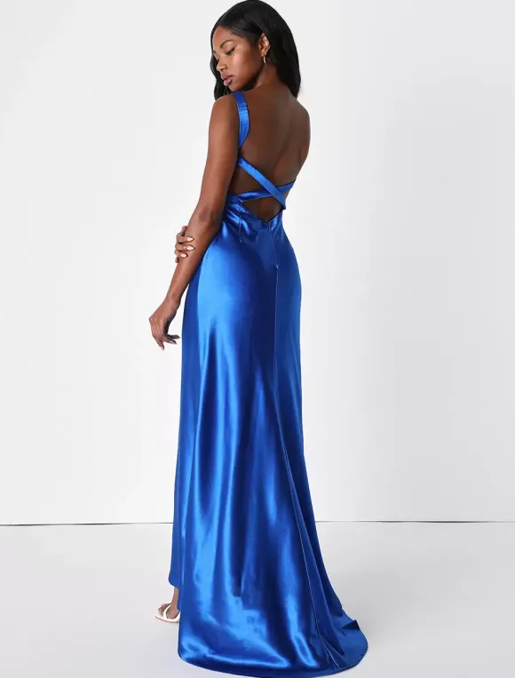 Evening Dress Mermaid V-Neck With Train Sleeveless Backless Satin Fabric Formal Party Dresses