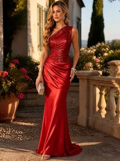 Evening Dress One Shoulder Sequin Satin Mermaid Maxi Dress Ruched Waist Floor Length Formal Evening Prom Gown