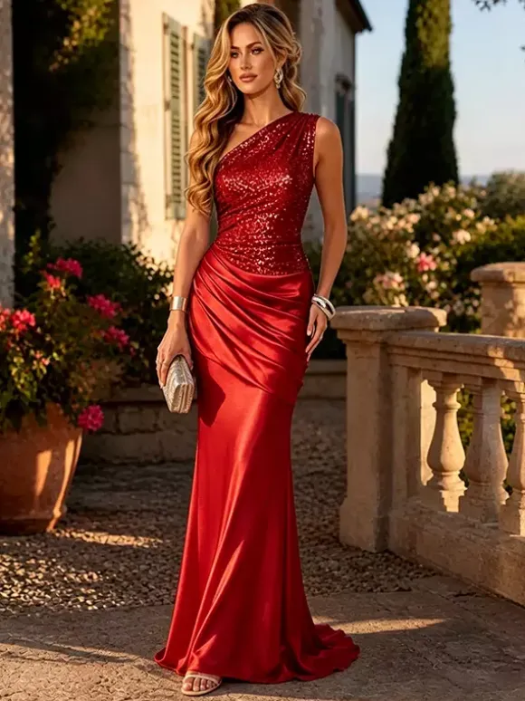 Evening Dress One Shoulder Sequin Satin Mermaid Maxi Dress Ruched Waist Floor Length Formal Evening Prom Gown