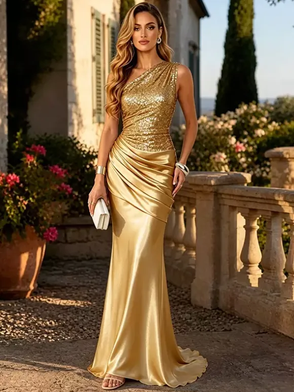 Evening Dress One Shoulder Sequin Satin Mermaid Maxi Dress Ruched Waist Floor Length Formal Evening Prom Gown