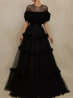 Evening Dress Princess Silhouette Jewel Neck Tulle Floor-Length Tiered Formal Party Dresses
