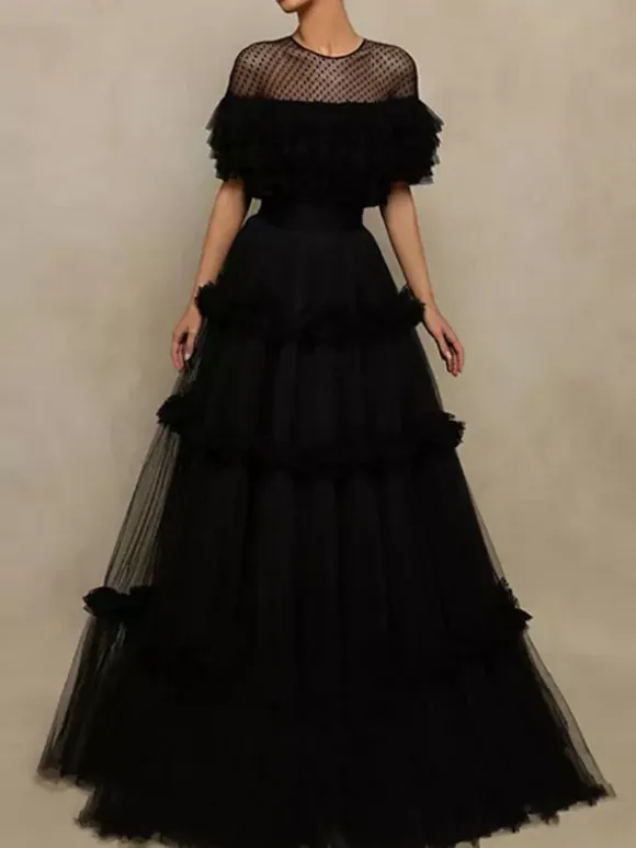 Evening Dress Princess Silhouette Jewel Neck Tulle Floor-Length Tiered Formal Party Dresses