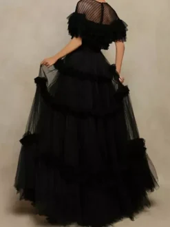 Evening Dress Princess Silhouette Jewel Neck Tulle Floor-Length Tiered Formal Party Dresses