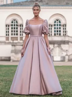 Evening Dress Princess Silhouette Square Neck Satin Fabric Floor-Length Buttons Social Party Dresses