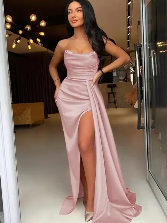Evening Dress Sheath Bateau Neck Elastic Woven Satin With Train Split Front Formal Party Dresses