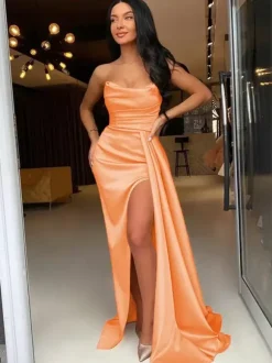 Evening Dress Sheath Bateau Neck Elastic Woven Satin With Train Split Front Formal Party Dresses