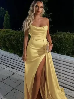 Evening Dress Sheath Bateau Neck Elastic Woven Satin With Train Split Front Formal Party Dresses