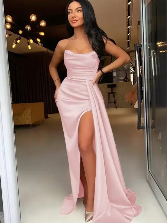 Evening Dress Sheath Bateau Neck Elastic Woven Satin With Train Split Front Formal Party Dresses