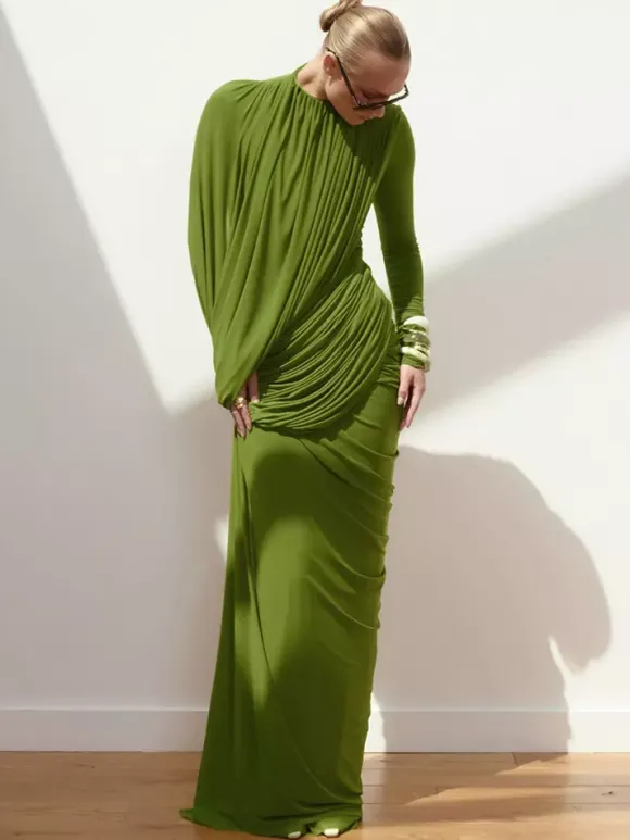 Evening Dress Sheath Designed Neckline Floor-Length Pleated Social Party Dresses