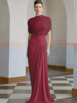 Evening Dress Sheath Designed Neckline Pleated Social Party Dresses