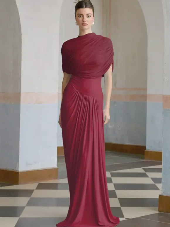 Evening Dress Sheath Designed Neckline Pleated Social Party Dresses