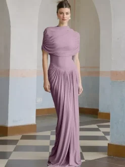 Evening Dress Sheath Designed Neckline Pleated Social Party Dresses