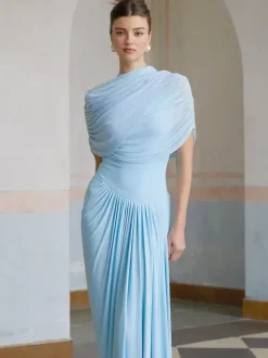 Evening Dress Sheath Designed Neckline Pleated Social Party Dresses