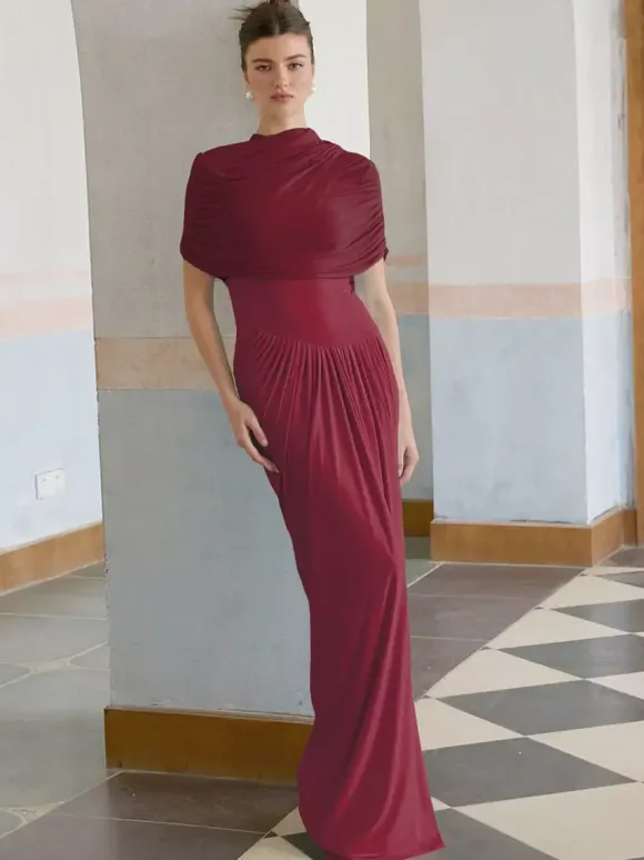 Evening Dress Sheath Designed Neckline Pleated Social Party Dresses