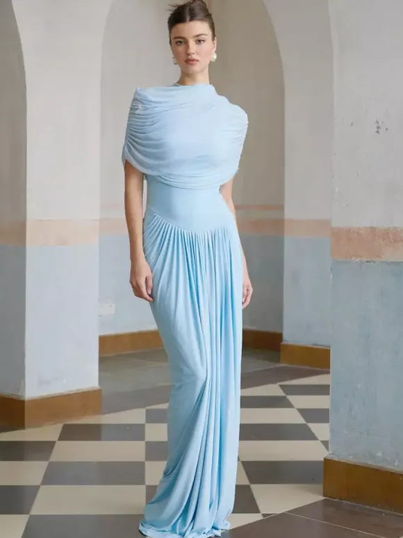 Evening Dress Sheath Designed Neckline Pleated Social Party Dresses
