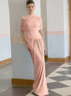 Evening Dress Sheath Designed Neckline Pleated Social Party Dresses