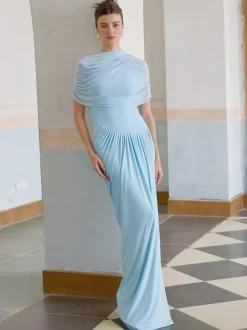 Evening Dress Sheath Designed Neckline Pleated Social Party Dresses