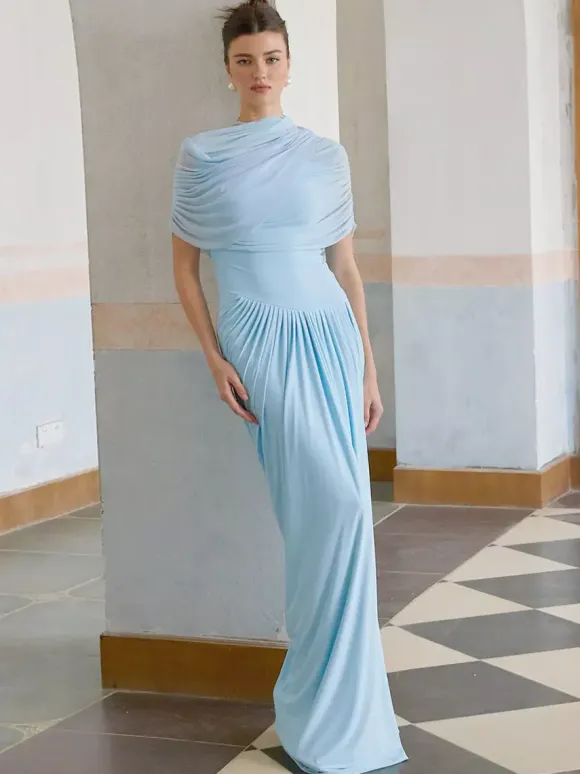 Evening Dress Sheath Designed Neckline Pleated Social Party Dresses