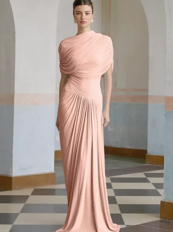 Evening Dress Sheath Designed Neckline Pleated Social Party Dresses