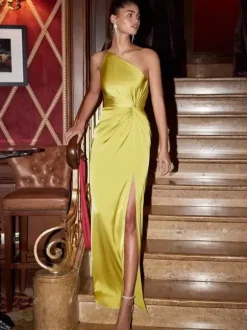 Evening Dress Sheath One-Shoulder Elastic Silk Like Satin Ankle-Length Pleated Social Pageant Dresses