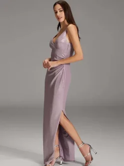 Evening Dress Sheath V-Neck Polyester Floor-Length Pleated Social Party Dresses