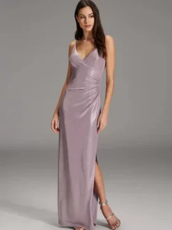 Evening Dress Sheath V-Neck Polyester Floor-Length Pleated Social Party Dresses