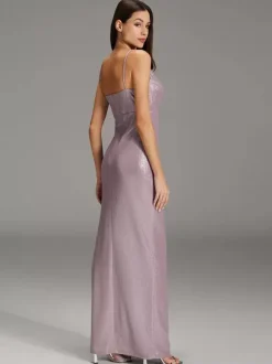 Evening Dress Sheath V-Neck Polyester Floor-Length Pleated Social Party Dresses