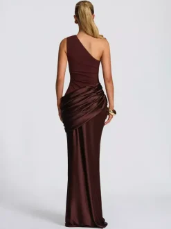 Evening Elegance Asymmetric Satin Maxi Dress In Deep Burgundy Flattering For Every Figure