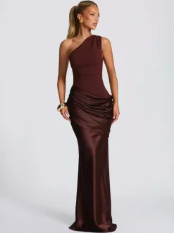 Evening Elegance Asymmetric Satin Maxi Dress In Deep Burgundy Flattering For Every Figure