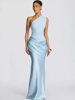 Evening Elegance Asymmetric Satin Maxi Dress In Deep Burgundy Flattering For Every Figure