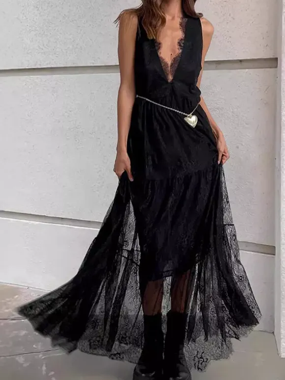 Eyelash Trim Lace Maxi Dress for Women - Sexy Deep V Neck Sleeveless Sheer Tiered Sundress - Summer Beach Party 2026