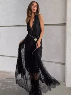 Eyelash Trim Lace Maxi Dress for Women - Sexy Deep V Neck Sleeveless Sheer Tiered Sundress - Summer Beach Party 2026