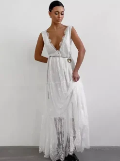 Eyelash Trim Lace Maxi Dress for Women - Sexy Deep V Neck Sleeveless Sheer Tiered Sundress - Summer Beach Party 2026