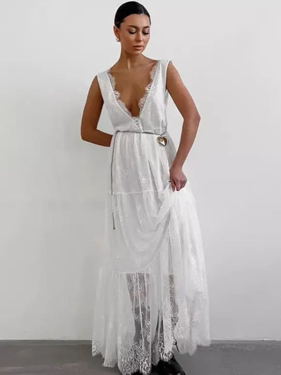 Eyelash Trim Lace Maxi Dress for Women - Sexy Deep V Neck Sleeveless Sheer Tiered Sundress - Summer Beach Party 2026