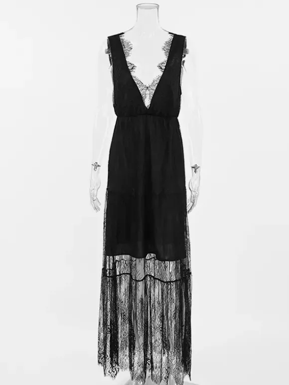 Eyelash Trim Lace Maxi Dress for Women - Sexy Deep V Neck Sleeveless Sheer Tiered Sundress - Summer Beach Party 2026