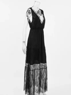 Eyelash Trim Lace Maxi Dress for Women - Sexy Deep V Neck Sleeveless Sheer Tiered Sundress - Summer Beach Party 2026