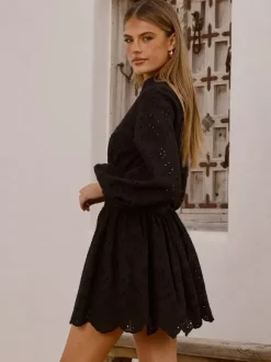 Eyelet Long Sleeve Mini Dress For Women - Boho Smocked Waist Flare Hem Skater Dress - Spring Beach Vacation 2026