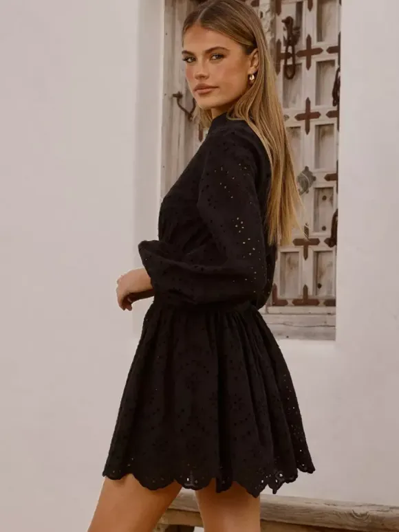 Eyelet Long Sleeve Mini Dress For Women - Boho Smocked Waist Flare Hem Skater Dress - Spring Beach Vacation 2026