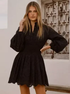 Eyelet Long Sleeve Mini Dress For Women - Boho Smocked Waist Flare Hem Skater Dress - Spring Beach Vacation 2026