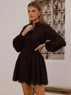 Eyelet Long Sleeve Mini Dress For Women - Boho Smocked Waist Flare Hem Skater Dress - Spring Beach Vacation 2026