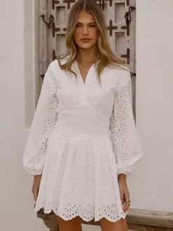 Eyelet Long Sleeve Mini Dress For Women - Boho Smocked Waist Flare Hem Skater Dress - Spring Beach Vacation 2026