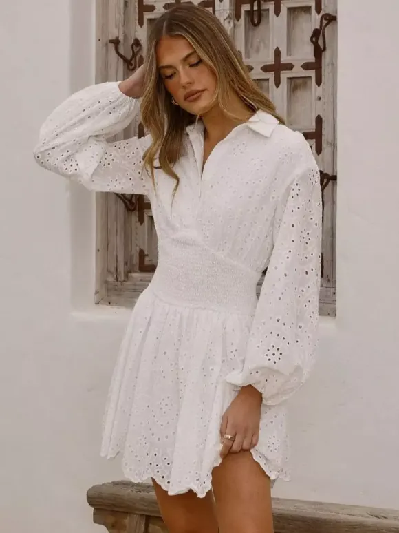 Eyelet Long Sleeve Mini Dress For Women - Boho Smocked Waist Flare Hem Skater Dress - Spring Beach Vacation 2026