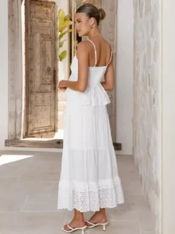 Eyelet Cotton Two Piece Set For Women - White Boho Camisole Tiered Maxi Skirt - Summer Beach Party 2026