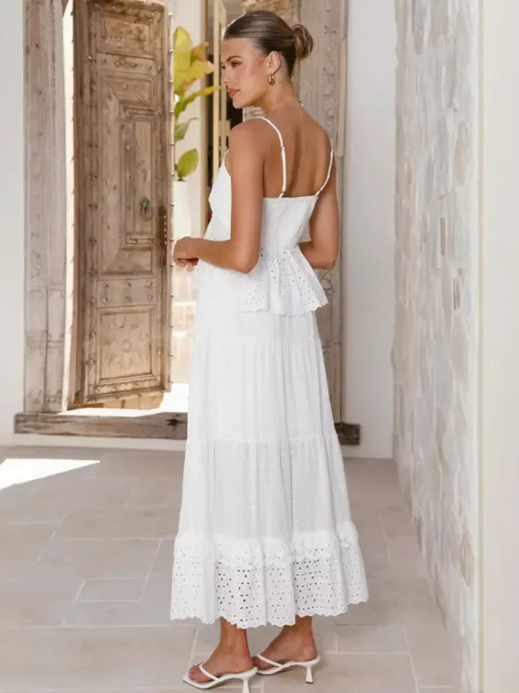 Eyelet Cotton Two Piece Set For Women - White Boho Camisole Tiered Maxi Skirt - Summer Beach Party 2026